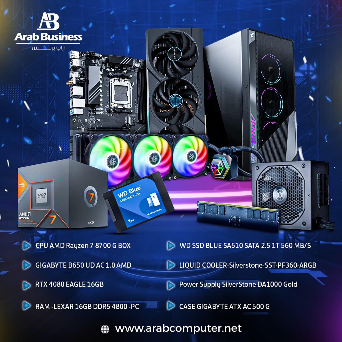 AMD Rayzen 7 8700 G BOX – GIGABYTE B650 UD AC 1.0 AMD – RTX 4080 EAGLE 16GB – RAM -LEXAR 16GB DDR5  – WD SSD BLUE SA510 SATA 2.5 1T