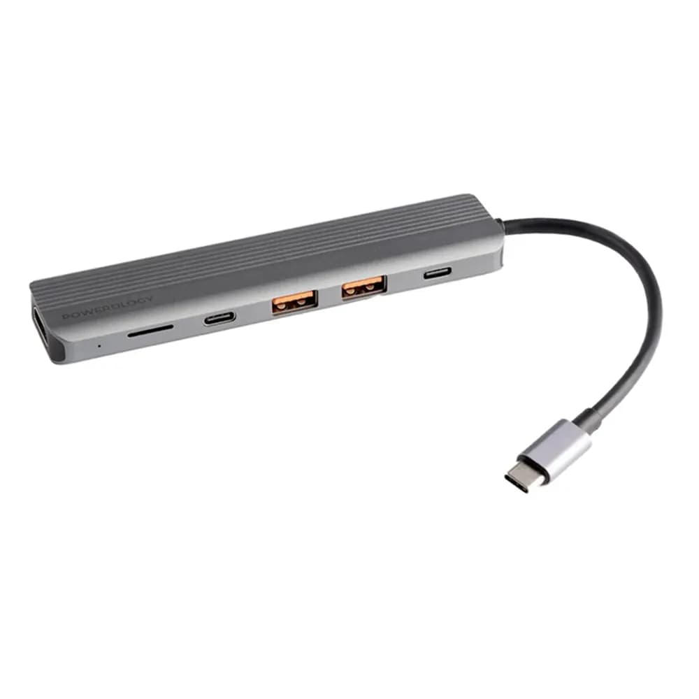 Powerology 6-in-1 Slim 4K HDMI USB-C Hub 100W