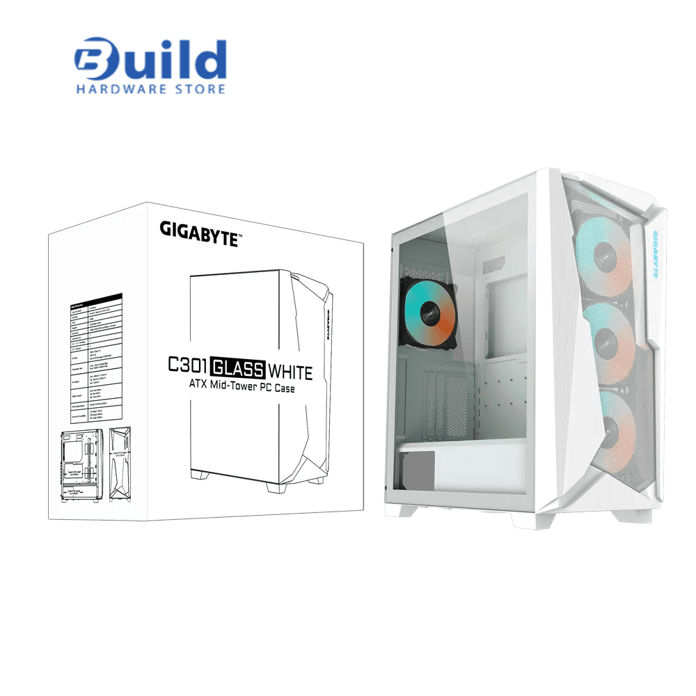 GIGABYTE C301 Glass White Mid Tower Case – Tempered Glass Panel (only build)