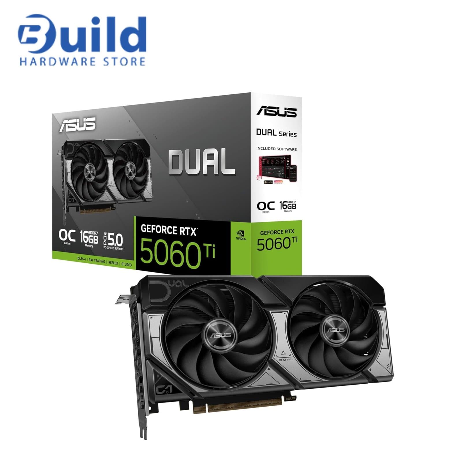 ASUS Dual GeForce RTX 5060 Ti 16GB GDDR7 OC Edition Graphics Card — 2.5-Slot, PCIe 5.0, 4608 CUDA Cores, 2632 MHz OC Clock, 28 Gbps Memory Speed, 128-bit Memory Interface, 2x Axial-tech Fans, HDMI 2.1b, 3x DisplayPort 2.1b, 550W PSU Recommended