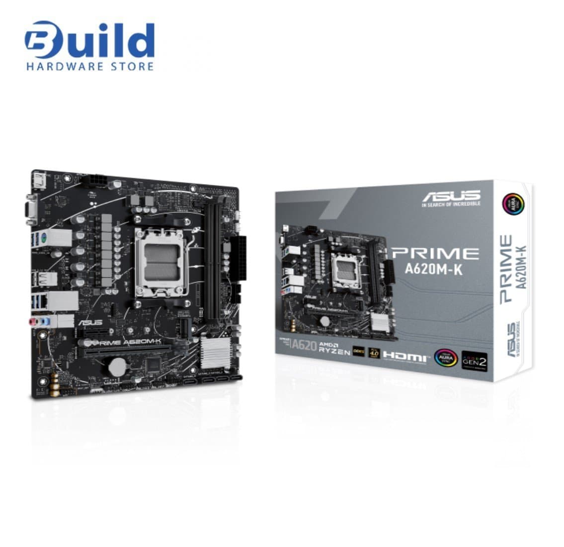 ASUS PRIME A620M-K micro-ATX motherboard, DDR5, PCIe 4.0 Graphics card and PCIe 4.0 M.2 support, HDMI™, VGA, USB 3.2 Gen 1 Type-A, SATA 6 Gbps, Two-Way AI Noise Cancelation, Aura Sync