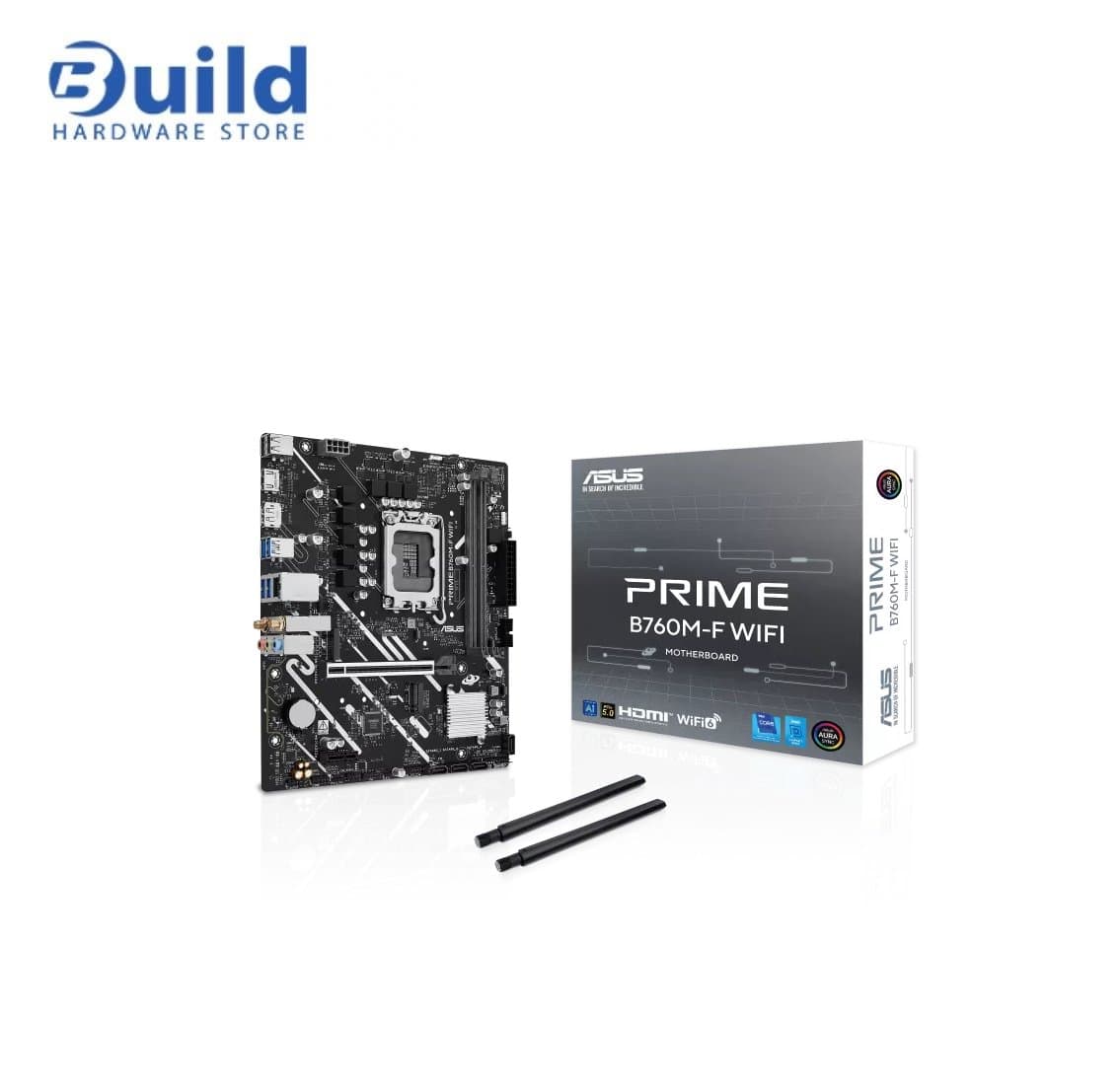 ASUS PRIME B760M-F WIFI,  Intel® B760 LGA 1700 micro-ATX motherboard with PCIe 5.0, two PCIe 4.0 M.2 slots, DDR5, WiFi 6, Realtek 1Gb Ethernet, DisplayPort, HDMI™, SATA 6 Gbps, front USB 5Gbps ports, Aura Sync, 3year