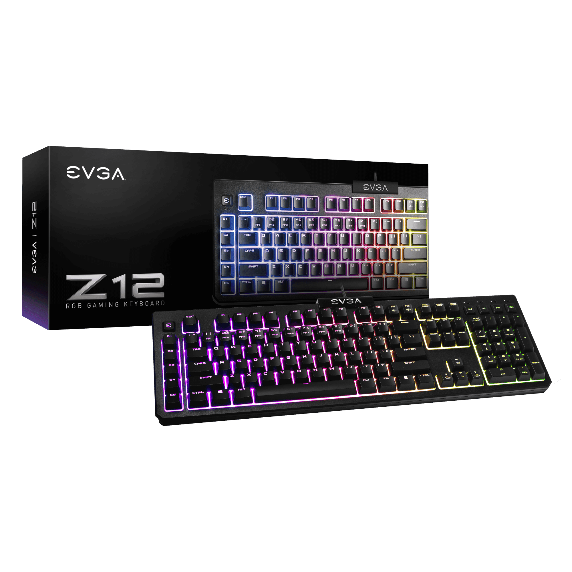 كيبورد جيمنج EVGA Z12 RGB، إضاءة خلفية LED، 5 مفاتيح ماكرو قابلة للبرمجة، مفاتيح وسائط مخصصة، مقاوم للماء، 834-W0-12US-KR