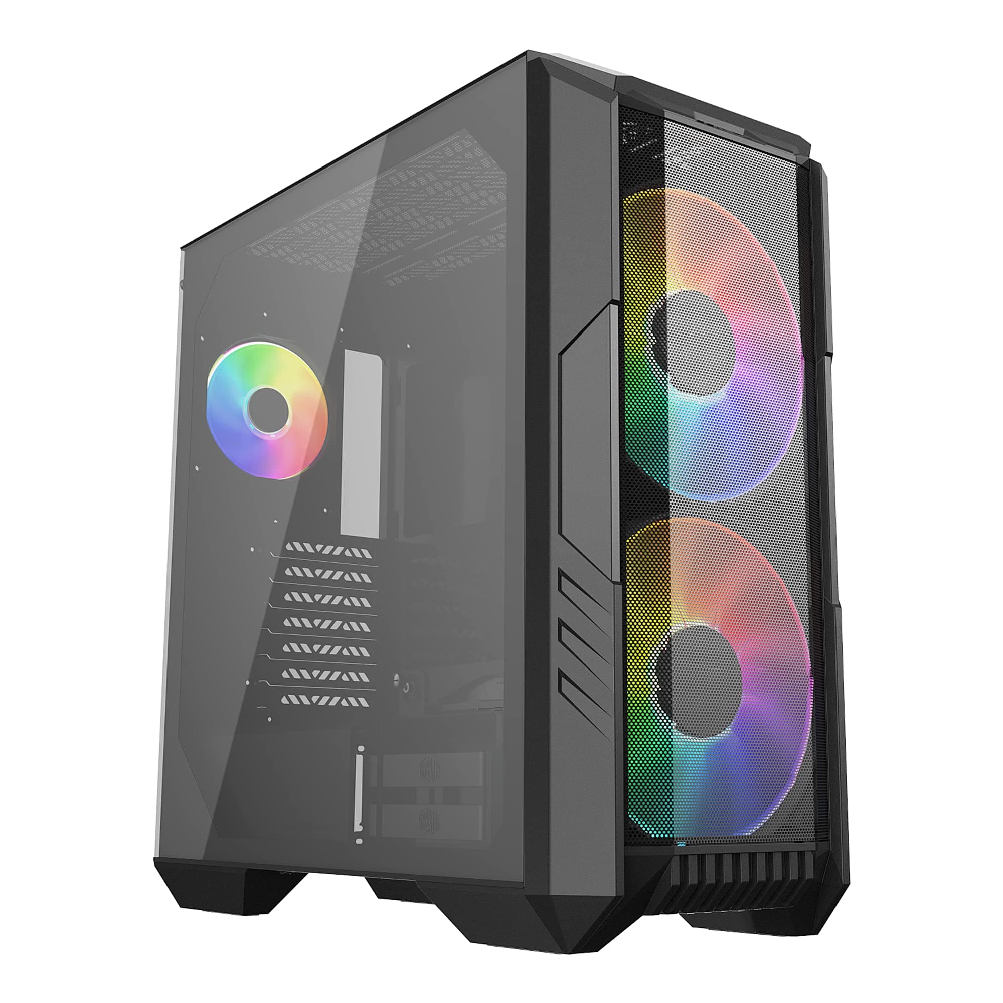 Cooler Master Cooler Master HAF 500 Mid-Tower PC Case with 2x 200mm ARGB fans, rotatable 120mm GPU fan, supports up to E-ATX motherboards, dual 360mm radiators, tempered glass side panel, and USB 3.2 Gen 2 Type-C