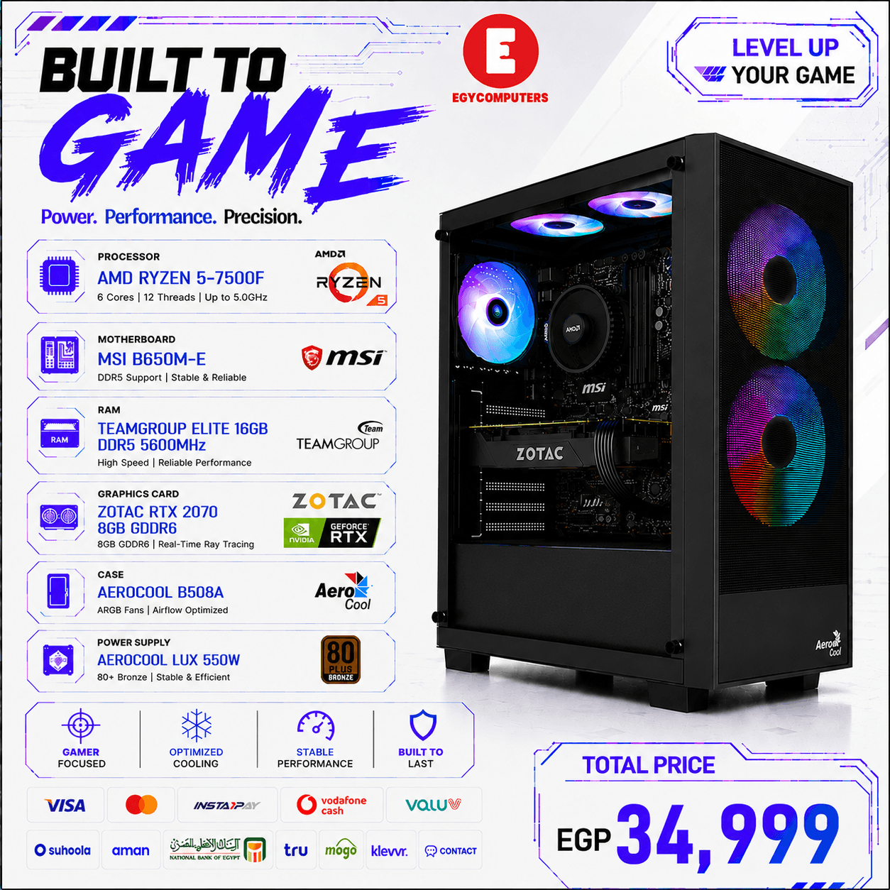 Ryzen 5-7500F Gaming PC (RTX 2070 8GB,16GB DDR5 RAM, SSD 128GB)