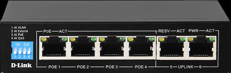 سويتش دي لينك ، بستة منافذ  Gigabit PoE+ ، مع 4 منافذ PoE طويلة المدى ومنفذين  Uplink ، أسود ، DGS-F1006P-E