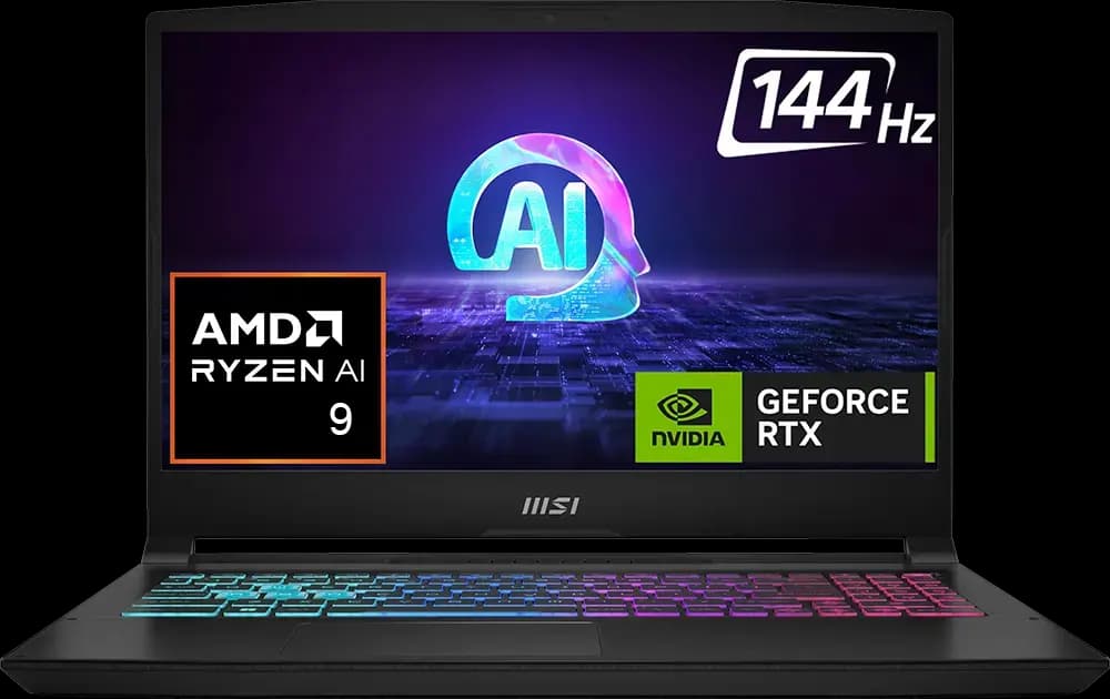 لابتوب جيمنج ام اس اي Katana A15 AI B8VE-615XEG، معالج AMD Ryzen™ 9 8945HS، رام 16GB، هارد 512GB SSD، كرت شاشة NVIDIA® GeForce RTX™ 4050 6GB، شاشة 15.6 بوصة FHD، نظام DOS، أسود