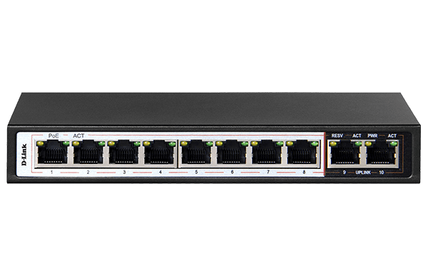 10-Port PoE Switch with 8 Long Reach 250m PoE Ports and 2 Uplink Ports DES-F1010P-E سويتش