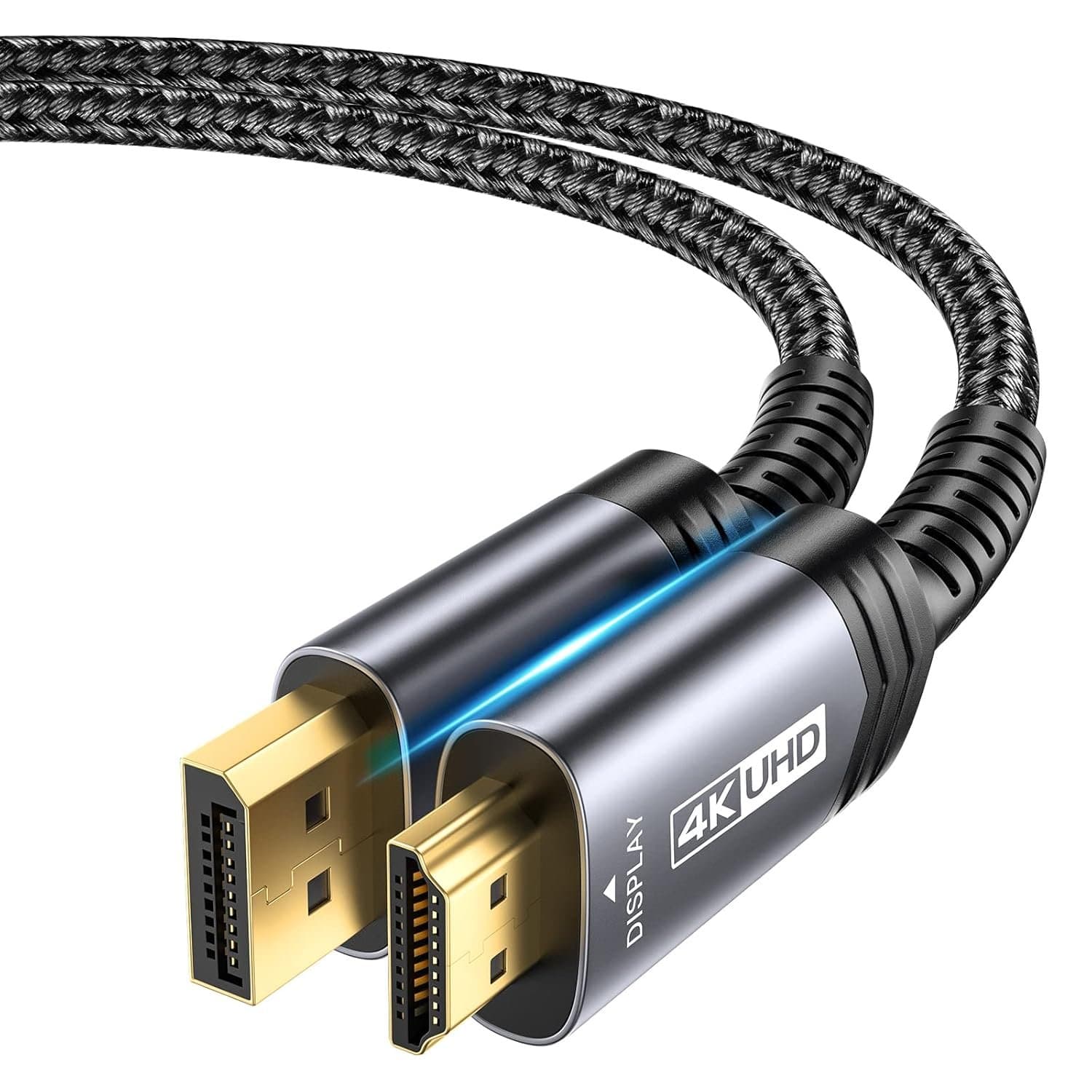 JSAUX CV0047 4K DisplayPort to HDMI Cable (2M/6.6ft) – Uni-Directional DP to HDMI Male Video Cord – Nylon Braided 4K@30Hz/1080P@120Hz – Grey for Dell, Projector, Desktop, AMD, NVIDIA, Lenovo, HP, ThinkPad