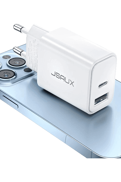 Jsaux 20 W USB C Charger Compatible with iPhone 15, JSAUX 2-Port Fast Charger USB-C Power Supply and USB-A Charging Plug Compatible with Samsung Galaxy S23 S22 S21, iPhone 15/14/13/12 Pro Max Plus
