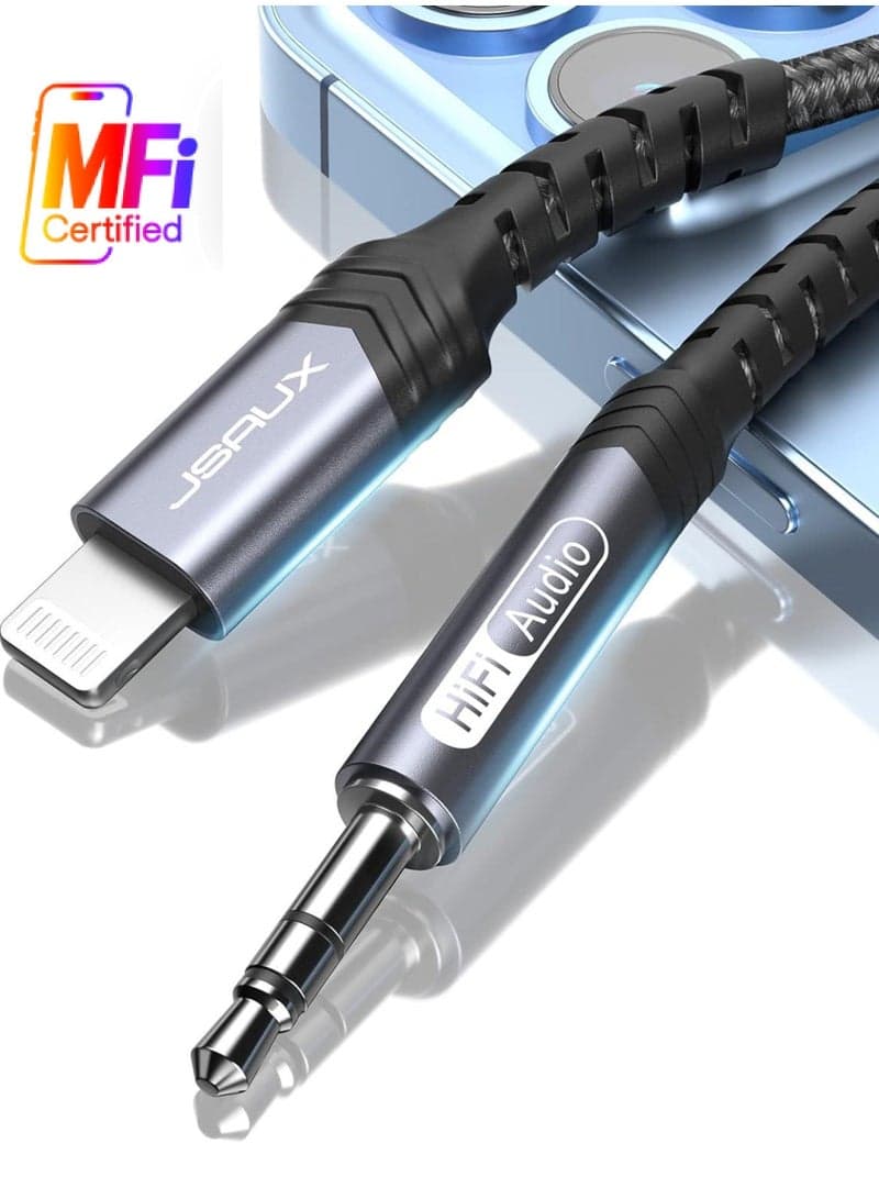 JSAUX CL0250 Lightning to 3.5mm Aux Audio Cable – [Apple MFi Certified] – 1 Meter (100cm) – Nylon Braided High-Fidelity Sound – Grey
