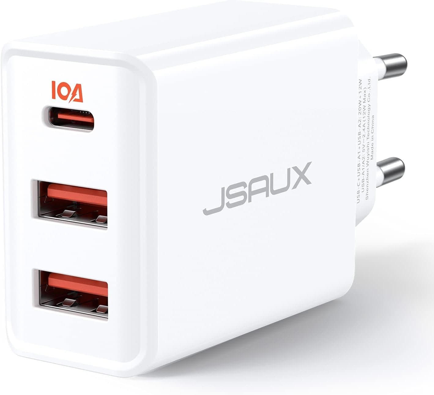 JSAUX CH3201 32W 3-Port Fast Charger – 20W USB-C PD 3.0 + Dual USB-A (12W) – Wall Adapter for iPhone 15/14/13, Samsung Galaxy S23/S22, iPad Pro & Pixel – Black