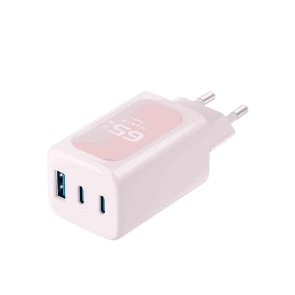 Havit UC260W GaN 65W Smart Fast Charger – 3-Port (2x USB-C + 1x USB-A) – Gallium Nitride Technology – Power Delivery (PD) 3.0 – Compact Multi-Device Charger – Pink