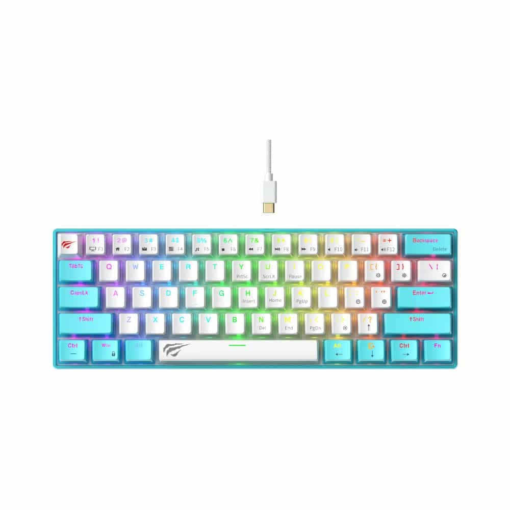 هافيت KB903L كيبورد جيمنج ميكانيكي مدمج 60% – 61 مفتاح مع إضاءة RGB خلفية – سلكي USB – إصدار أبيض وأزرق أنيق