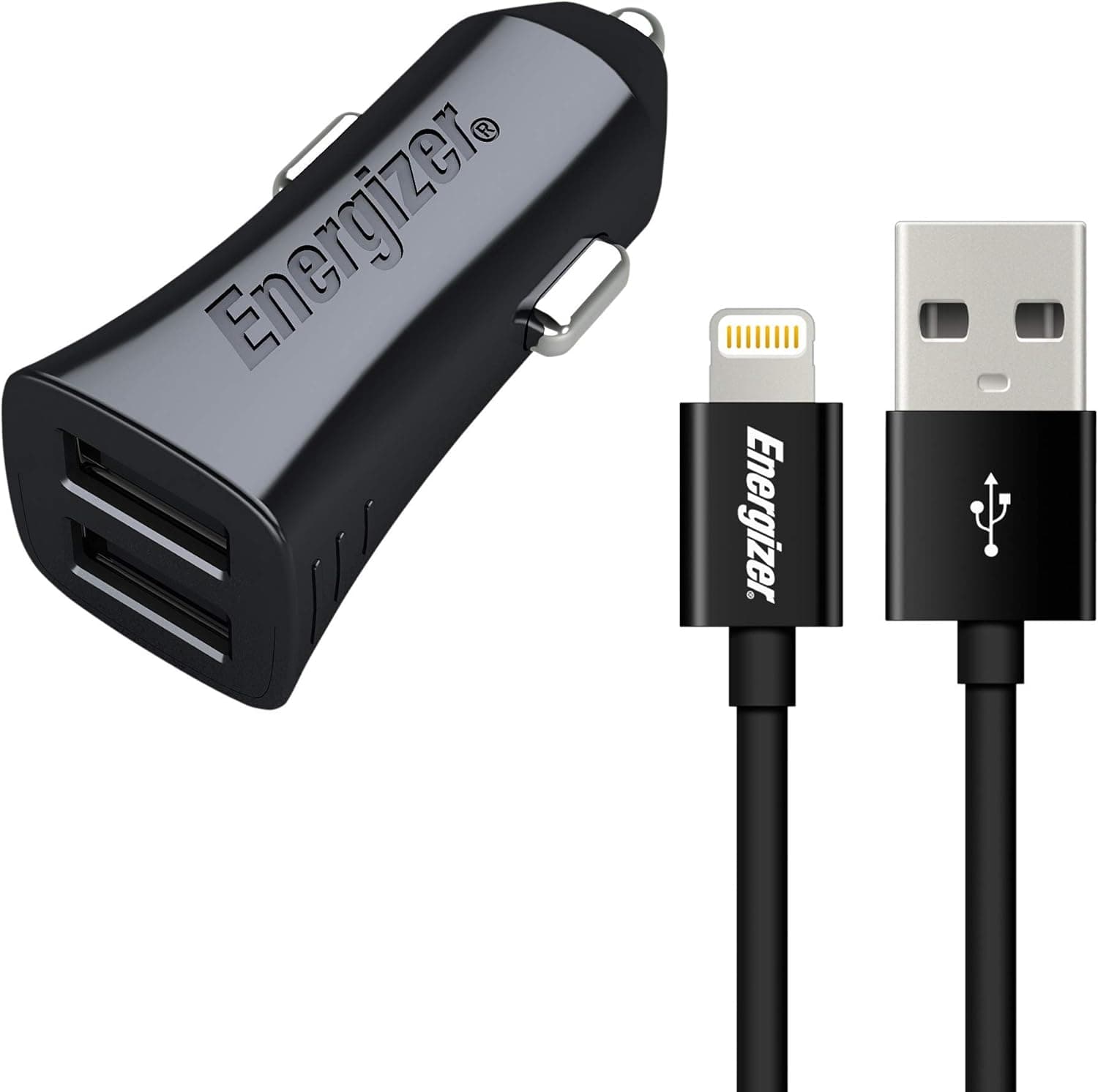 Energizer DCK2CULI3 Dual USB Car Charger with Lightning Cable, 3.4 Amp – Black