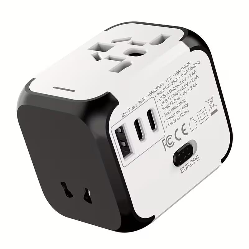 Travel Adapter – 2500W Global Power Plug Converter with Type C Plug, Compact and Lightweight Design, Suitable for USA, UK, EU, Australia – Ideal for Business Travel and Vacation, International Travel Adapter White
