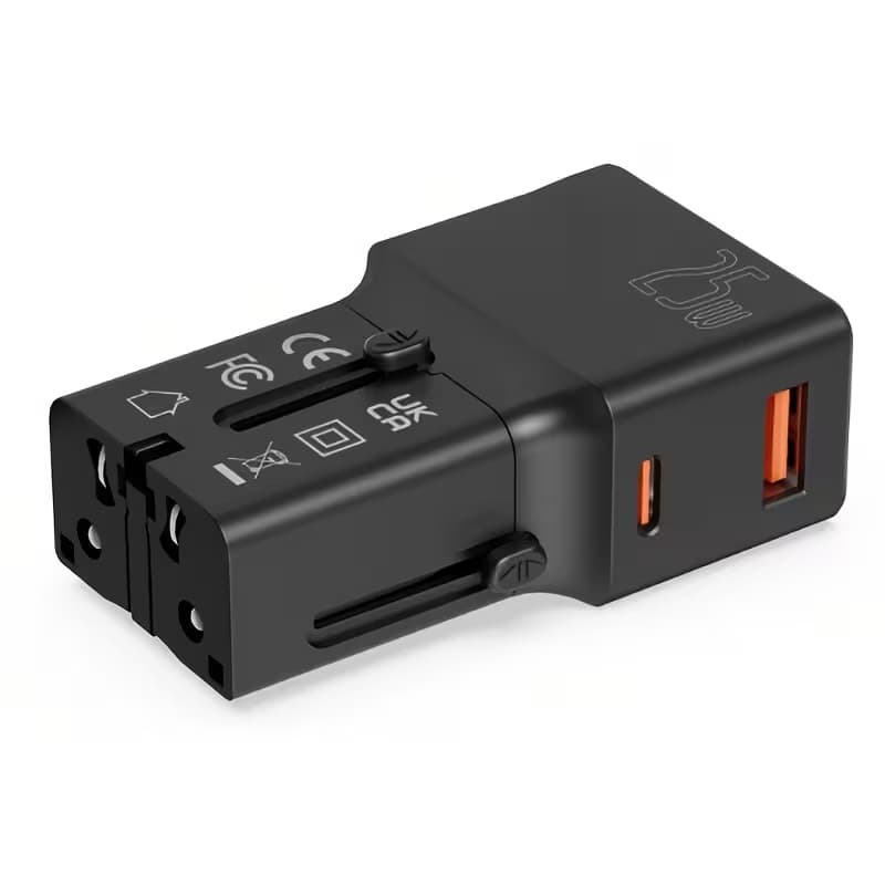 Compact Global Travel Power Adapter, Portable USB C Charger, PD 25W & QC 3.0 Type-C Quick Charger, Universal Mobile Phone Wall Charger for USA, EU, And UK