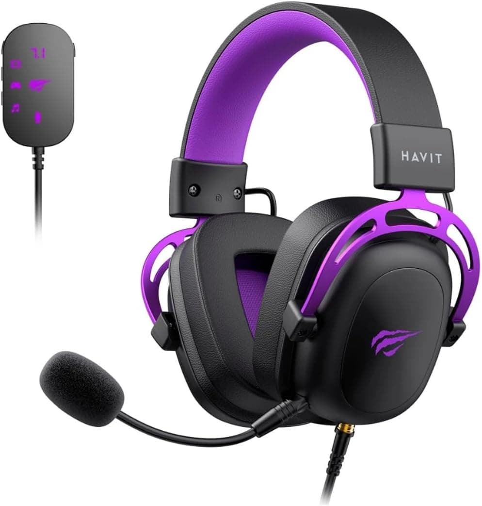 Havit H2002C+U Gaming Headset – Virtual 7.1 Surround Sound & 53mm Drivers – Detachable Noise-Canceling Mic – USB & 3.5mm Jack – Black & Purple