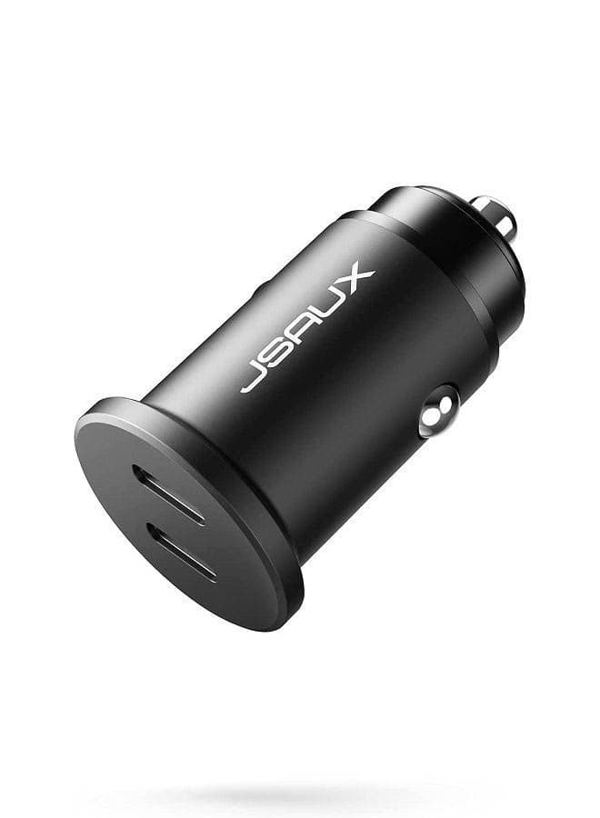 JSAUX 40W Dual USB-C Car Charger – PD 3.0 Fast Charging – Total 40W (20W+20W) – Aluminum Alloy Body – Universal Compatibility – Black