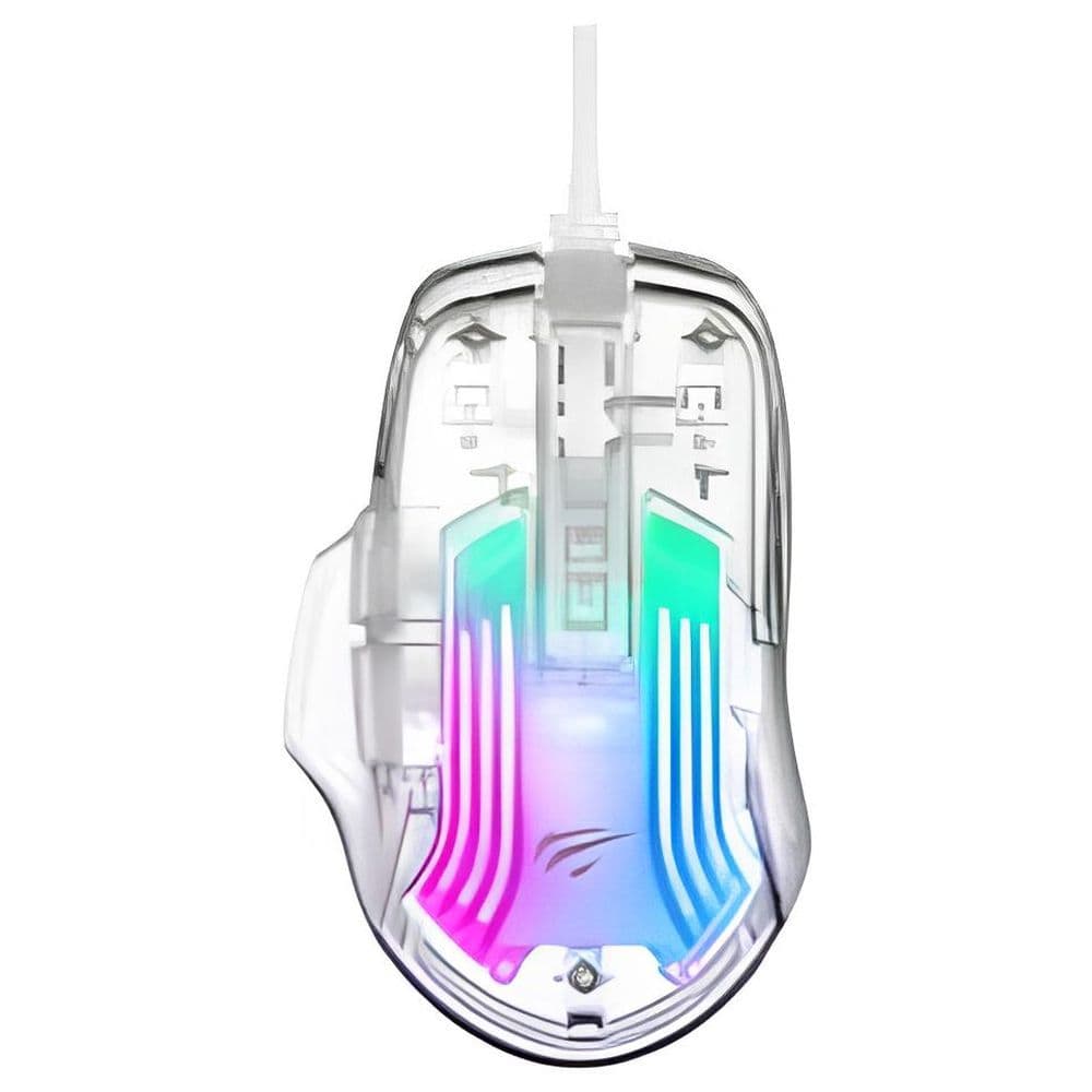 ماوس جيمنج قابل للبرمجة هافيت Havit MS1011SE - دقة عالية 7200 DPI - إضاءة RGB - 6 أزرار وكابل USB 1.5 متر - إصدار أبيض شفاف