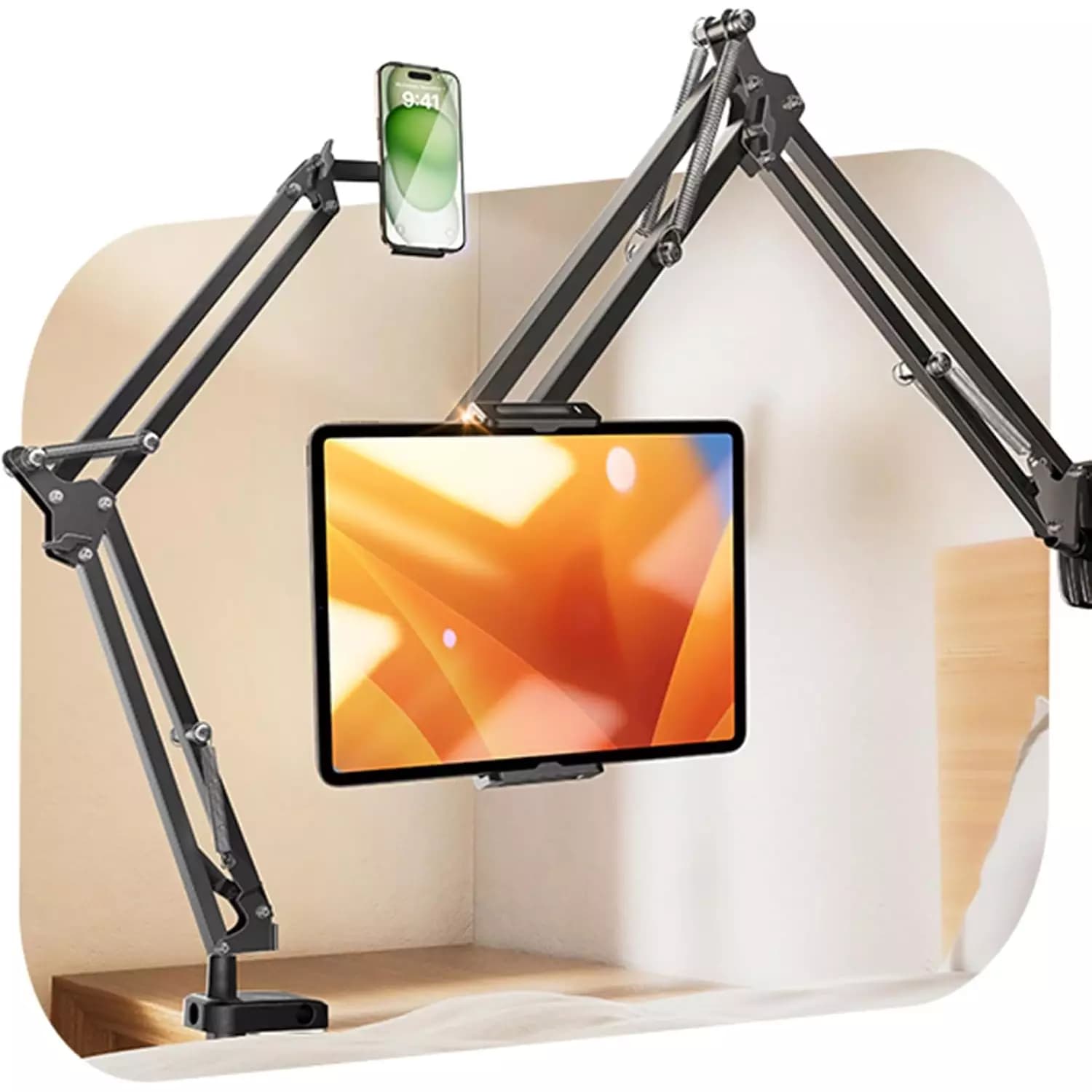 LISEN Tablet Stand Desk Mount – Ultra Sturdy Dual Clamp iPad & Phone Holder for 4–13” Devices (Black)