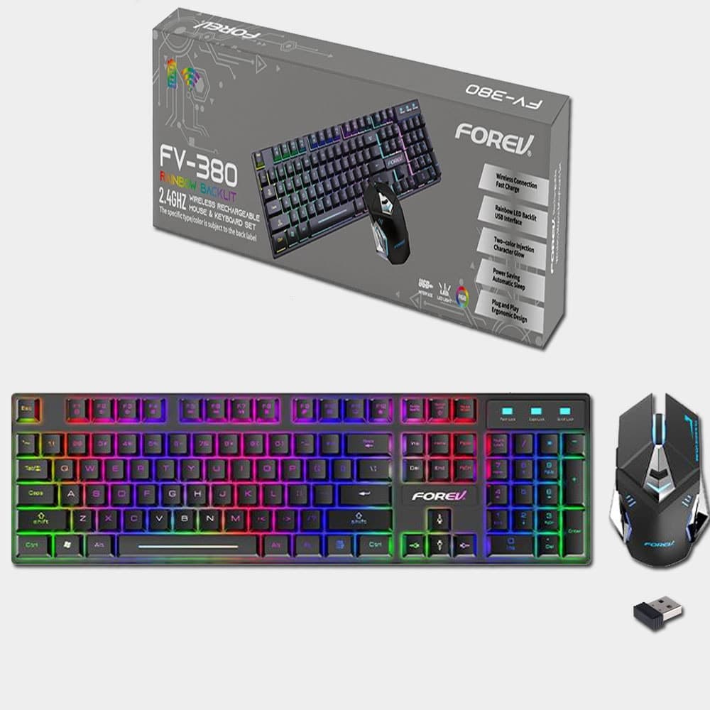 FV-380 Rainbow Backlit Keyboard 2.4Ghz Wireless Rechargeable Keyboard and Mouse Set Illuminated For PC | Arabic/English