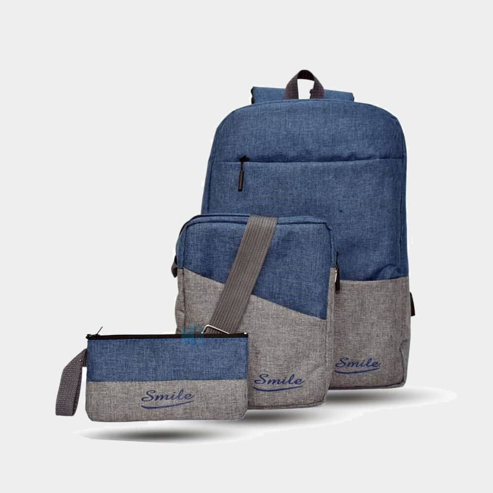 Smile Business Laptop Backpack Unisex Travel School Bag 3 Pieces Smart Backbag | HighEnd | Grey-Blue