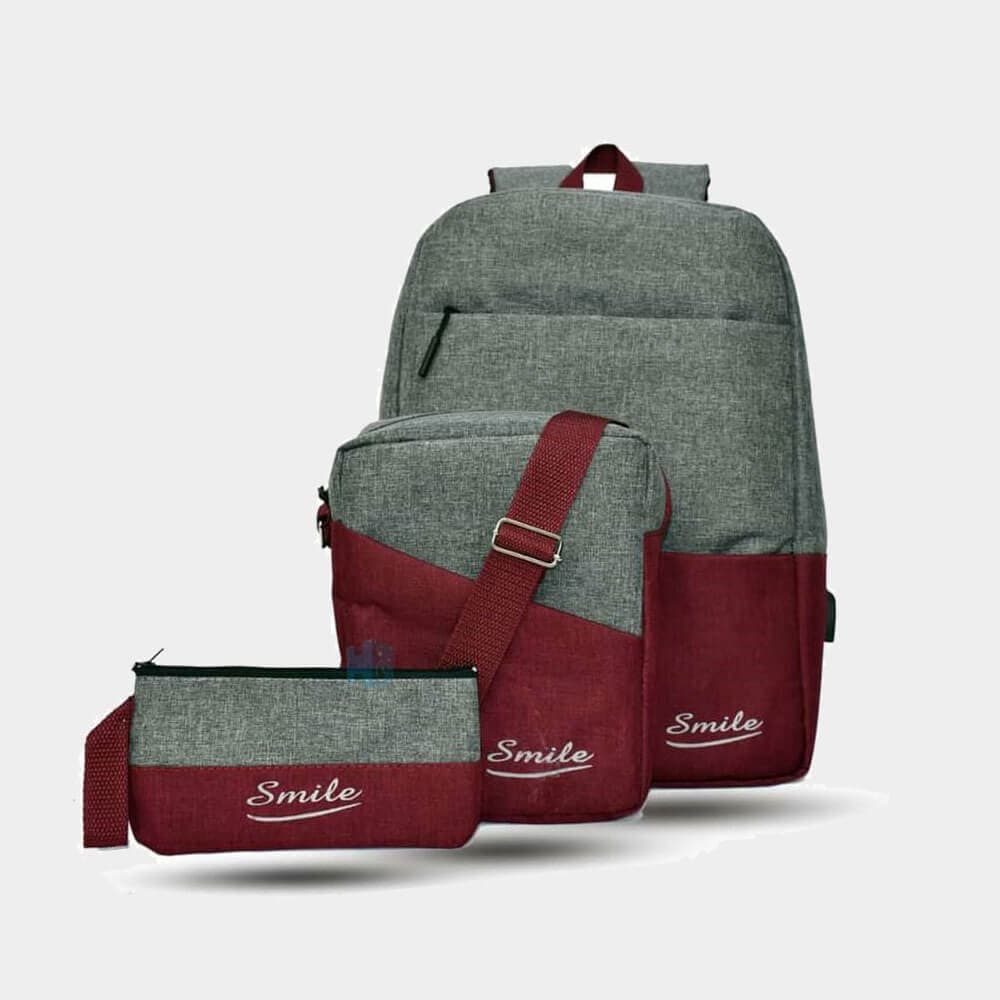 Smile Business Laptop Backpack Unisex Travel School Bag 3 Pieces Smart Backbag | HighEnd | Burgundy/Grey