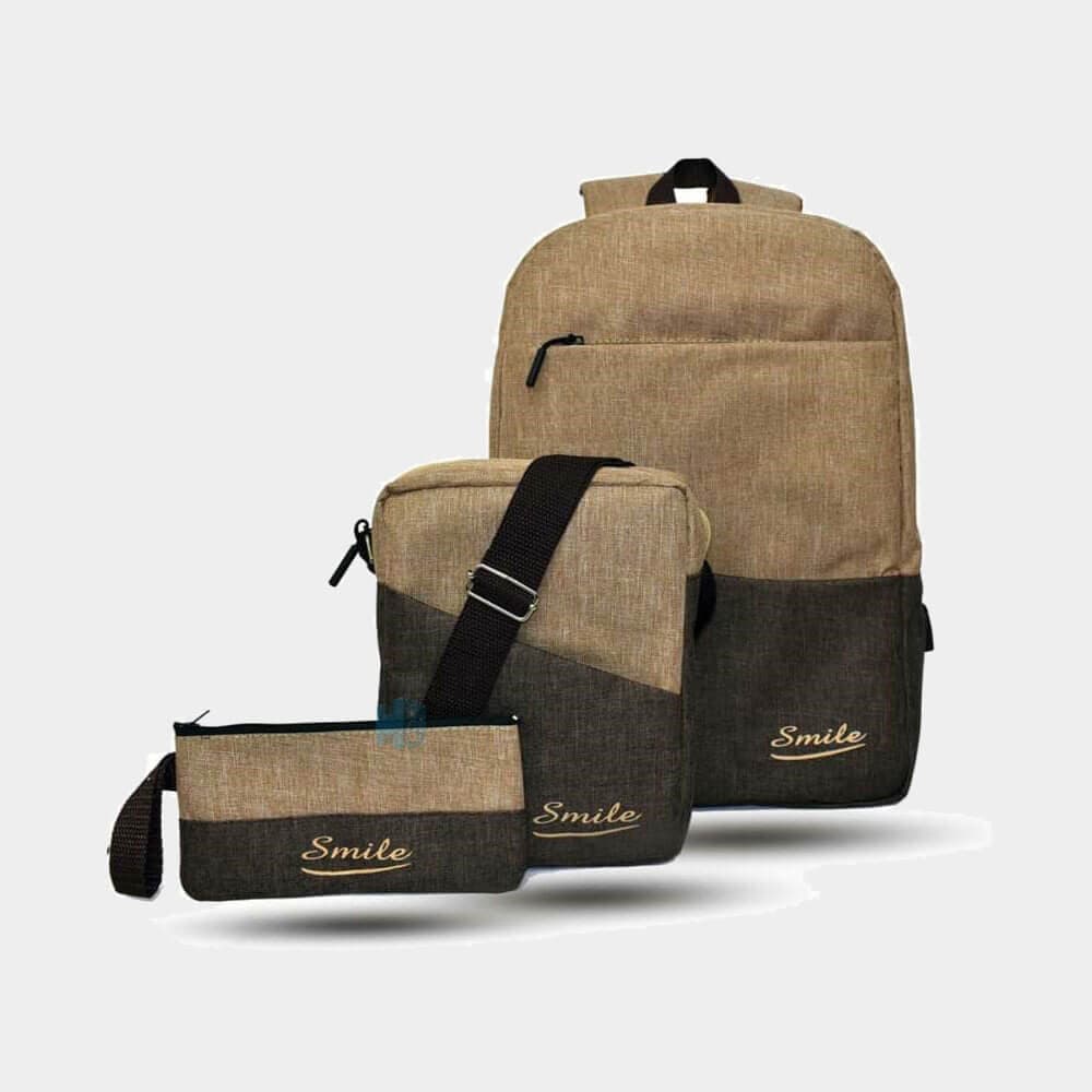 Smile Business Laptop Backpack Unisex Travel School Bag 3 Pieces Smart Backbag | HighEnd | Brown-Beige