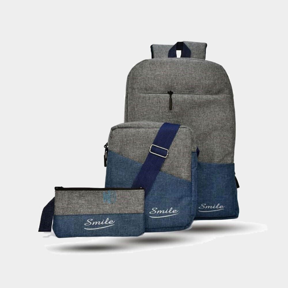 Smile Business Laptop Backpack Unisex Travel School Bag 3 Pieces Smart Backbag | HighEnd | Blue-Grey