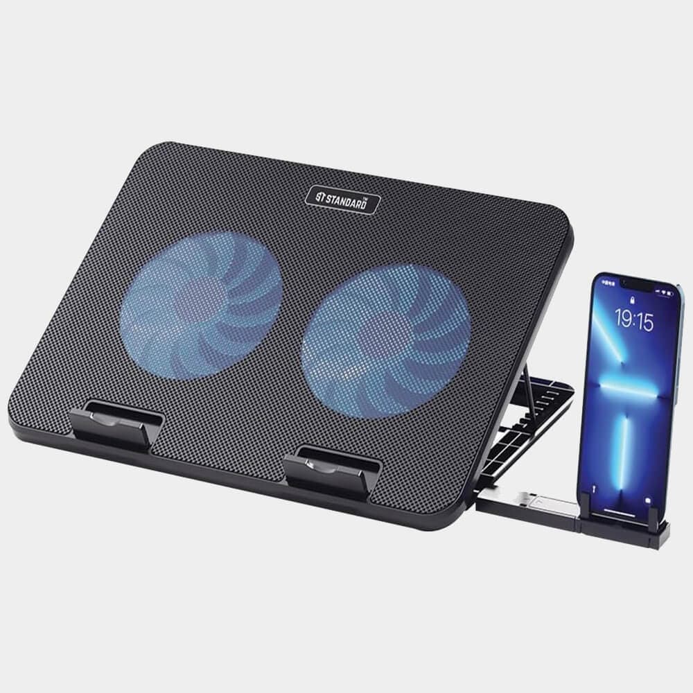 Standard Laptop Cooler Support ICE-02 With blue Led fans – With Fan speed controller (Roller switch ON/OFF), 2USB ports & 5 Levels (360 * 255 * 28mm)