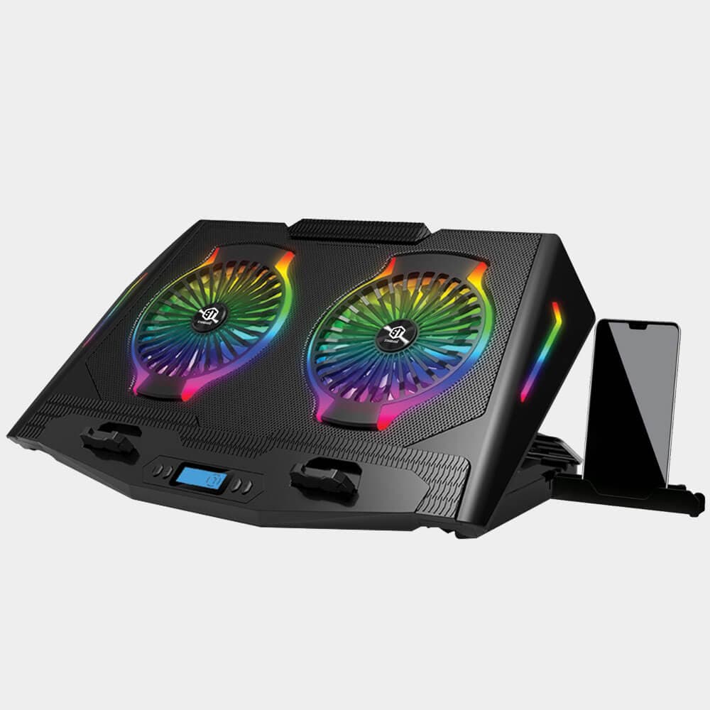 Standard ICE07 Gaming Laptop Cooling Pad Stand with Mobile Holder – 2*RGB BIG Fans – LCD Screen – 2*USB – Suitable for 12-17 inch laptops