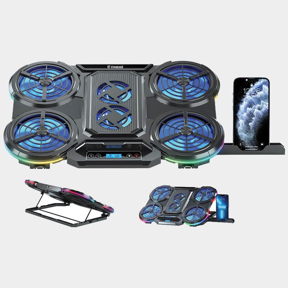 Standard ICE08 Cooling Pad Gaming Laptop Stand With Mobile Holder – 6x Blue LED Fans Multi Speed – LCD Screen – RGB Side Lights – 2 x USB -12 UP to 17 Inch | Black