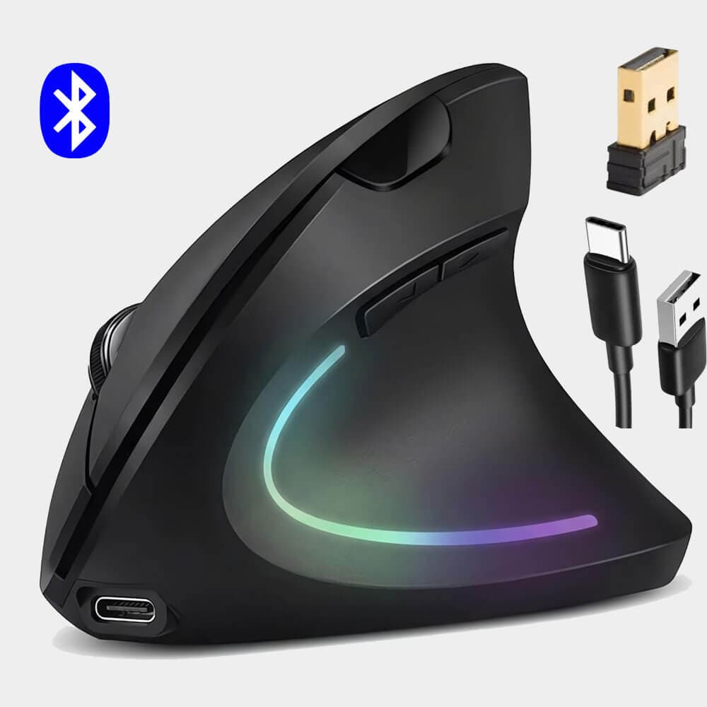 Gemax Rechargeable Ergonomic Vertical Wireless Mouse, (2 in 1) Bluetooth 5.2 & 2.4GHz USB “RGB Lighting, 1000/1200/1600 DPI, 6 Silent Buttons, for Laptop, PC, MacBook, Tablet – Black