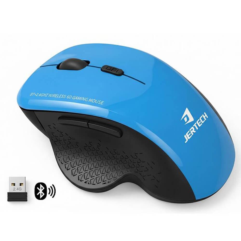JERTECH W500 Silent Rechargeable Dual Mode Blutooth / 2.4G Wireless Mouse 10m – 6 Buttons – Power Saving On/Off button – 2400 DPI – Lightweight – For Gaming Business | Blue