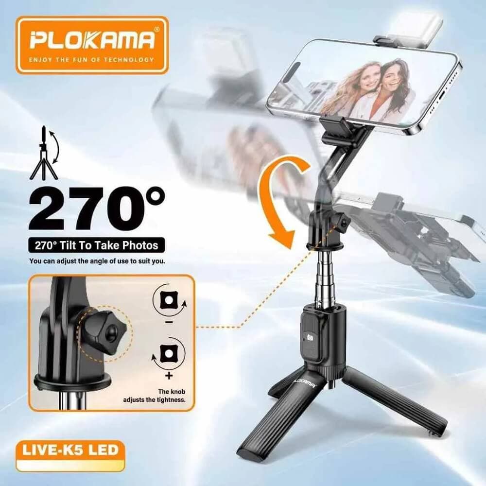 Plokama LIVE K5 2-in-1 LED Selfie Stick & Tripod Stand for Mobile Photography