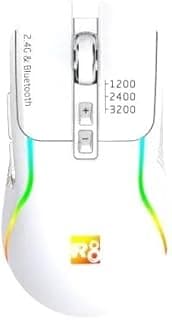ماوس لاسلكي R8 1761 قابل للشحن بإضاءة RGB ووضع مزدوج بلوتوث / 2.4G - مدى 10 متر - 7 أزرار - زر تشغيل/إيقاف موفر للطاقة - 3200 DPI - خفيف الوزن - للمكتب والأعمال (أبيض)