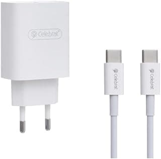 شاحن سفر سريع C-S1-EU-C-C بمنفذين وبقدرة 30 وات مع كابل نوع C إلى نوع C من سيليبريت | حماية من ارتفاع درجة الحرارة | مخرج USB-C وUSB-A | فيشة بريطانية، أبيض