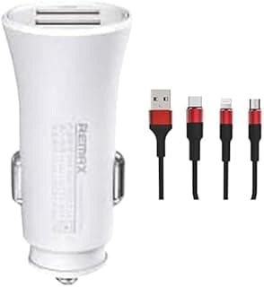 شاحن للسيارة RCC217 بمخرج 2.4 أمبير ومنفذي USB للموبايل مجموعة من قطعتين - أبيض + كيندكس KX 2463 3 في 1 كابل شحن سريع لايتنينج ونقل بيانات 1.2 متر ريماكس