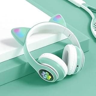 STN-28 Gaming Headset Cat Ear Wireless Bluetooth Headset RGB LED Light HD Bass Support SD Card (stn-28 أخضر نعناعي فاتح)