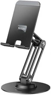 C300 Aluminum Alloy Desk Phone Stand, 360° Rotating Base, Adjustable Height & Angle, Foldable & Portable Holder for Smartphones and Tablets (4-12.9 inch)
