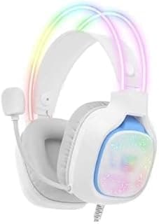 سماعة راس للالعاب X22 RGB مع ميكروفون لتقليل الضوضاء والتحكم في مستوى الصوت واضاءة LED فوق الاذن متوافقة مع الكمبيوتر واللاب توب وبلاي ستيشن 4 وبلاي ستيشن 5 واكس بوكس - ابيض