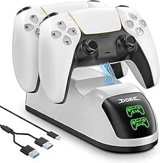شاحن سريع لذراع تحكم PS5 من ليكورلوف، قاعدة شحن مزدوجة USB سريعة ليد تحكم بلايستيشن 5 مع مؤشر LED ومنافذ USB Type C، أبيض