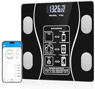 لوازم ميزان سمارت بودي - اسود - ميزان رقمي بلوتوث مع مستشعرات عالية الدقة، شاشة LCD، سعة 180 كغم/400 باوند، دهون الجسم، مؤشر كتلة الجسم وتتبع الماء - لتتبع اللياقة البدنية في المنزل