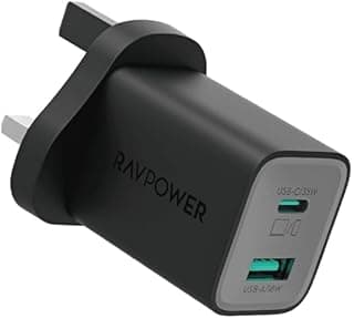 شاحن من رافباور بمنفذ USB و USB-C متوافق مع الهواتف المحمولة بمنفذين بقدرة 35 واط مع شحن سريع وحماية متعددة وتصميم مدمج