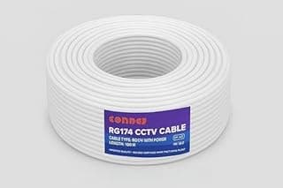 كابل CCTV من نوع RG174 مع طاقة، طول 100 متر، لون أبيض
