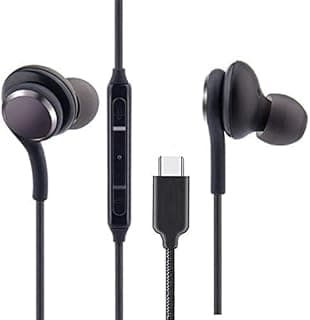 سماعة أذن سلكية ستيريو USB C مع ميكروفون وتحكم في الصوت، كابل مجدول بمنفذ Type-C متوافقة مع جالكسي S22 الترا S21 S20 5G S10 نوت 10 نوت 10 بلس أسود