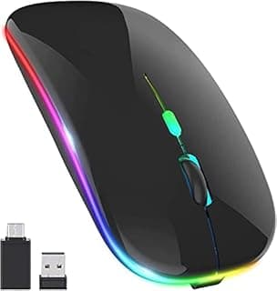 ماوس لاسلكي LED، ماوس مكتب بصري نحيف وصامت قابل لإعادة الشحن 2.4G مع مستقبل USB و Type-C، 3 مستويات DPI قابلة للتعديل للنوت بوك، الكمبيوتر، اللابتوب (أسود)