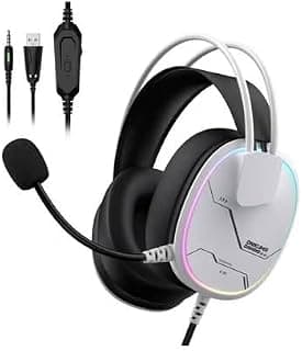 X91 RGB Wired Gaming Headset with Noise Cancelling Microphone 50mm Hi Fi Drivers Stereo Surround Sound USB and 3.5mm Dual Connection Over Ear Headphones for PC Console Mobile - White
