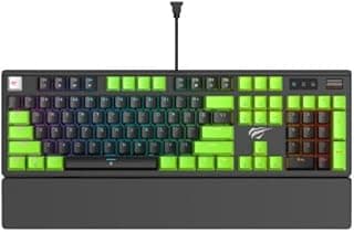 هافيت كيبورد العاب ميكانيكية KB926L RGB من جيمينوت | مفاتيح جيوزي زرقاء، مفاتيح تعمل باللمس، USB سلكي، اداء الالعاب - اسود واخضر